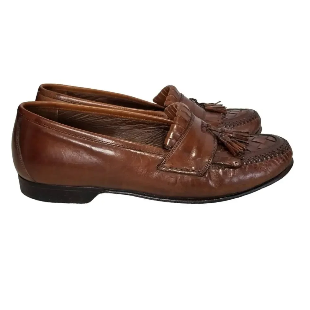 Johnston & Murphy Shoes 9.5 Loafer Double Woven Tassel Dress Mahogany Fringe